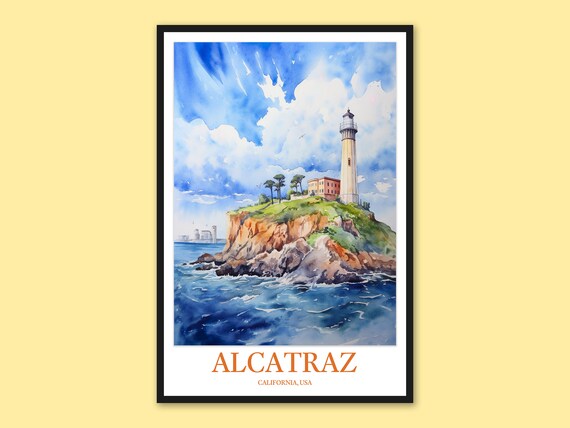Alcatraz Island California Lighthouse Watercolor Travel Poster