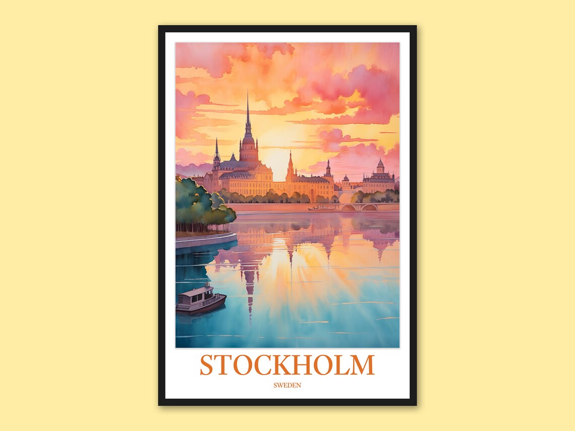 Stockholm Sweden Sunset Over Water Golden Skyline Travel Poster