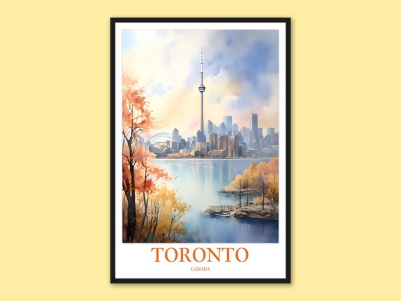 Toronto Canada CN Tower Autumn Trees Waterfront Watercolor Travel Poster