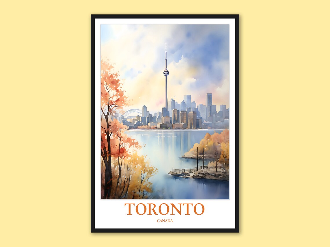 Toronto Canada CN Tower Autumn Trees Waterfront Watercolor Travel Poster