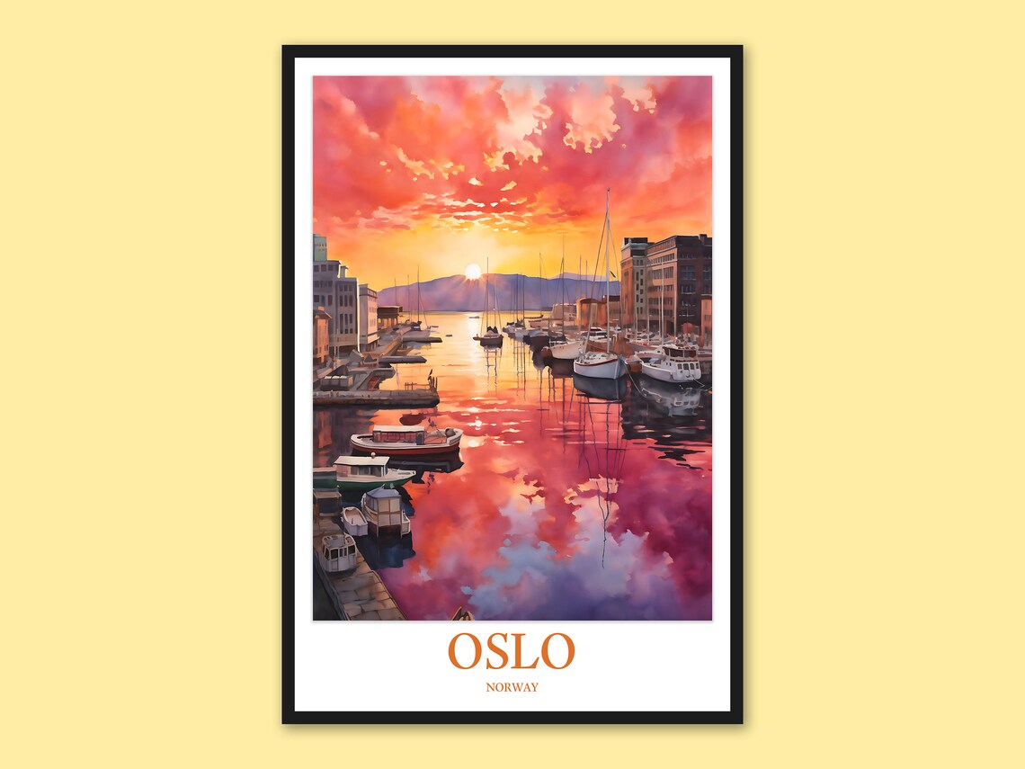 Oslo Norway Harbor Sunset Watercolor Scandinavian Travel Poster