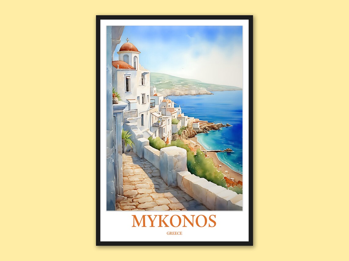 Mykonos Stone Coastal Walkway Whitewashed Houses Watercolor Poster