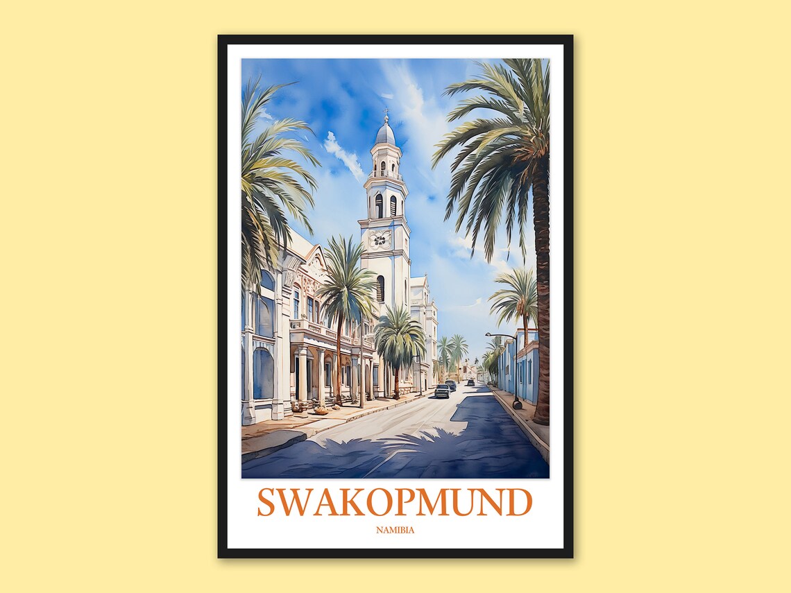 Swakopmund Namibia Watercolor Travel Poster of Palm Lined Colonial Street