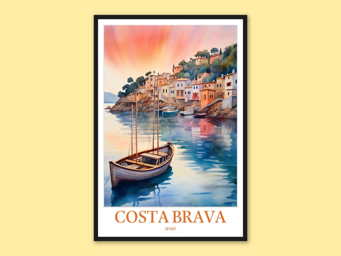 Costa Brava Spain Sunset Harbor Sailboat Watercolor Travel Poster