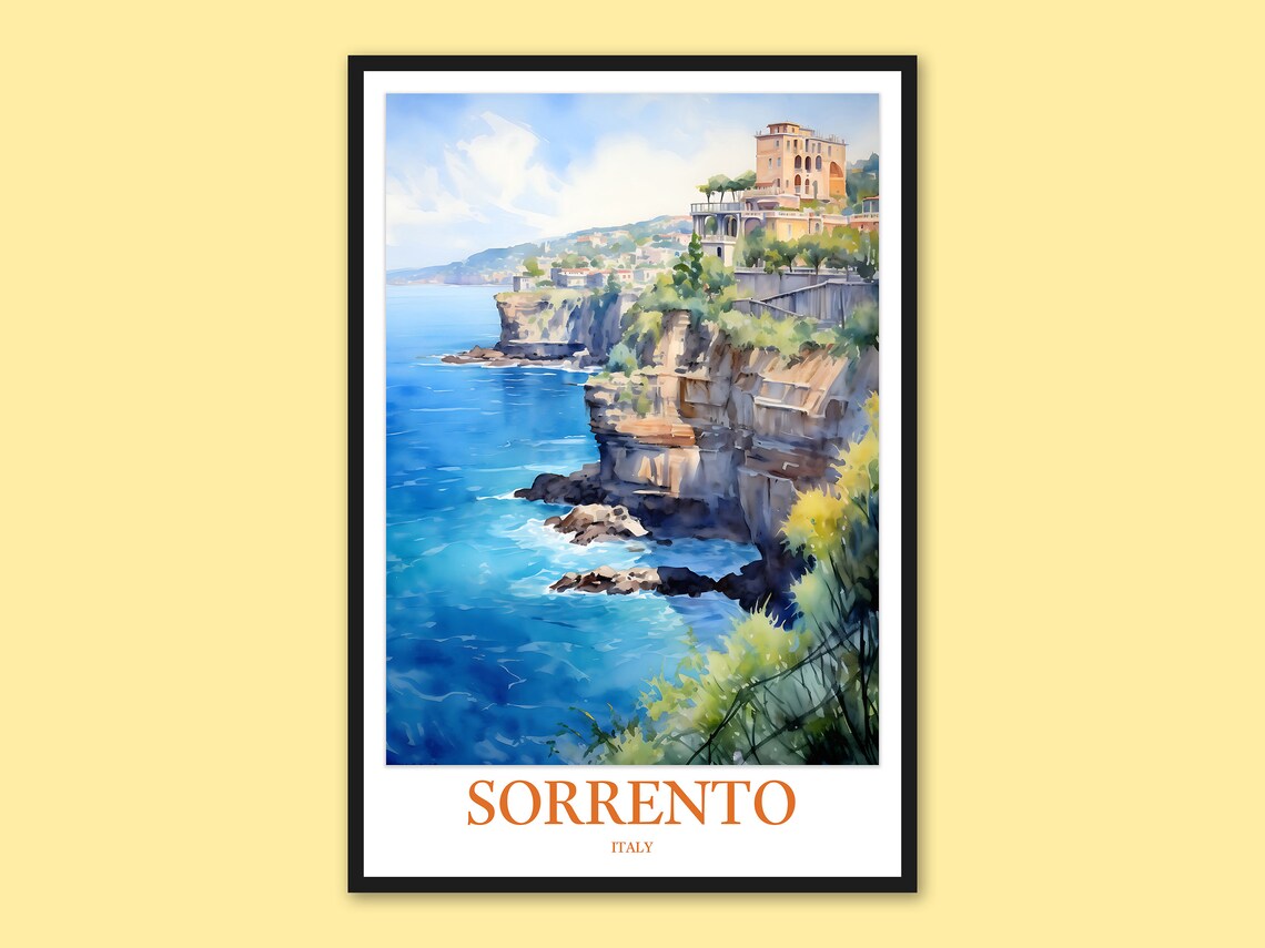 Sorrento Italy Rocky Coastline Cliff Hotel Watercolor Poster