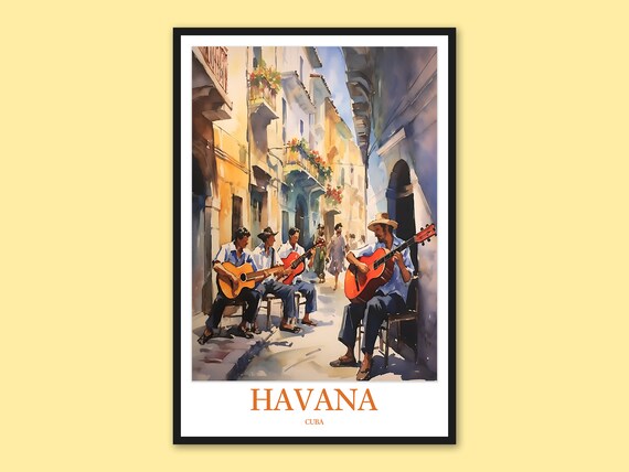 Havana Cuba Street Musicians Guitars Watercolor Travel Poster