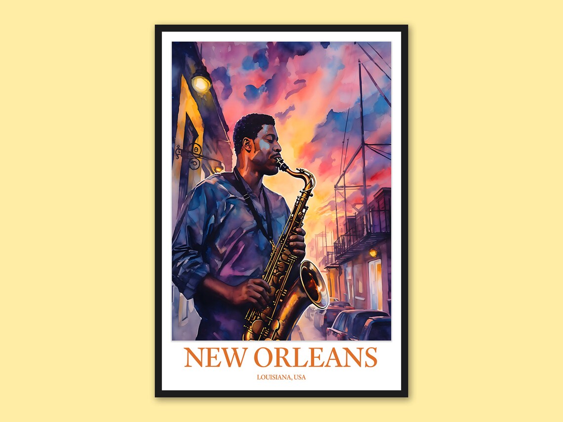 New Orleans Saxophonist Watercolor Jazz Musician Sunset Street Poster