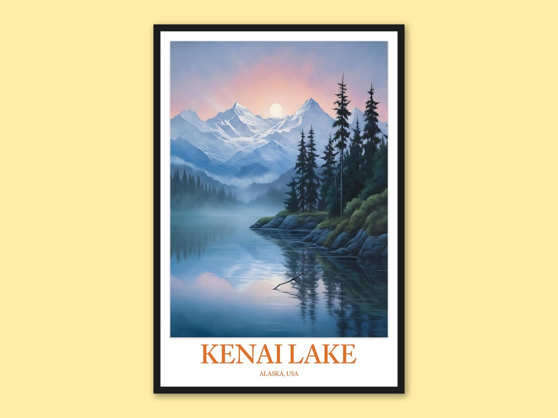 Kenai Lake Alaska Moonrise Misty Mountain Lake Travel Poster