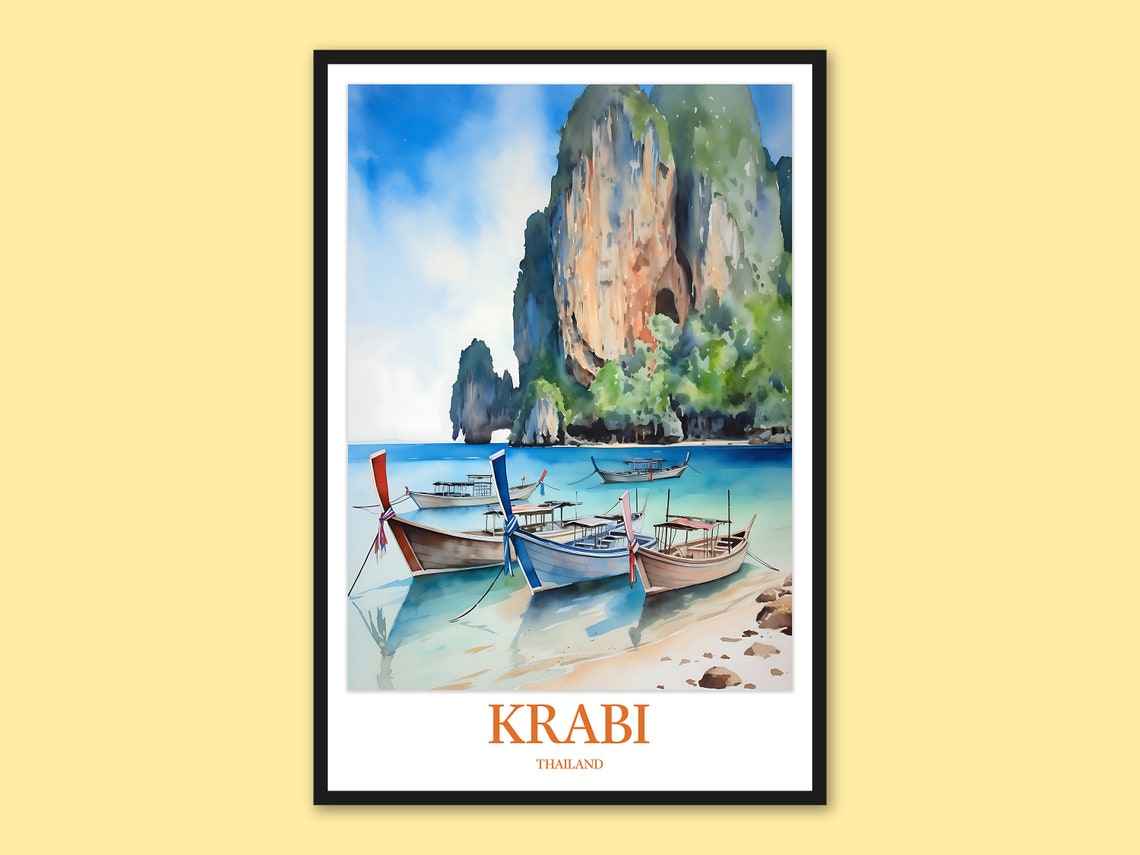 Krabi Thailand Beach Poster Longtail Boats Karst Cliffs Watercolor