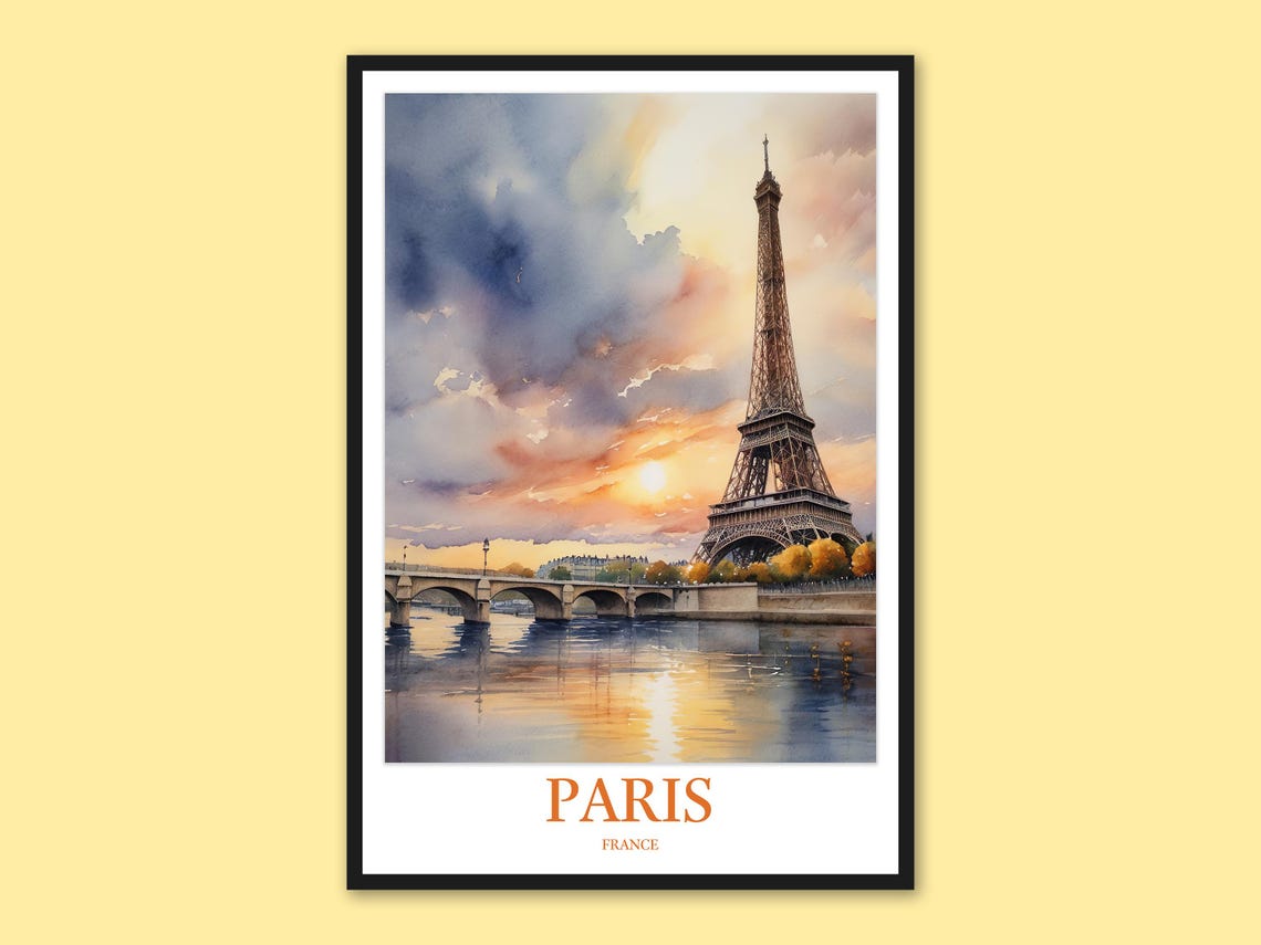 Eiffel Tower Paris Sunset Watercolor Over Seine River Poster