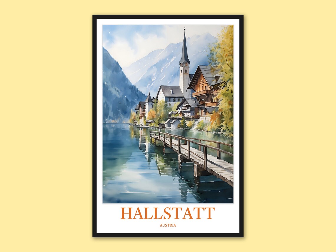 Hallstatt Austria Watercolor Travel Poster Church Dock Autumn Lakeside