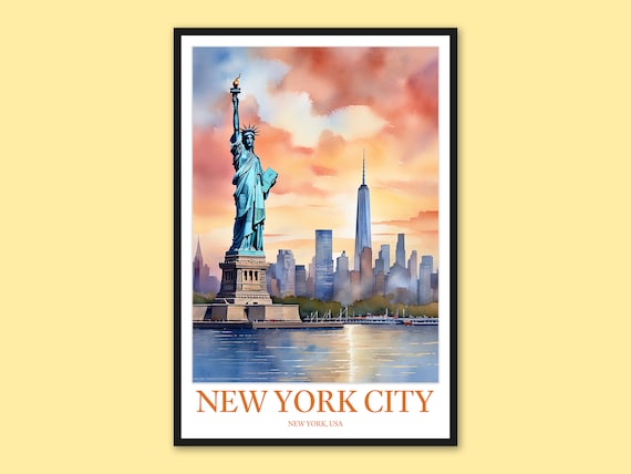 New York City Statue Of Liberty Sunset Skyline Watercolor Poster
