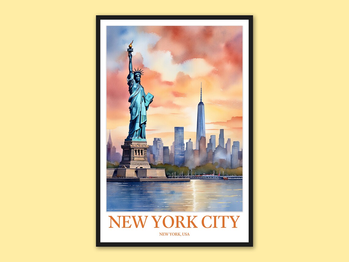New York City Statue Of Liberty Sunset Skyline Watercolor Poster