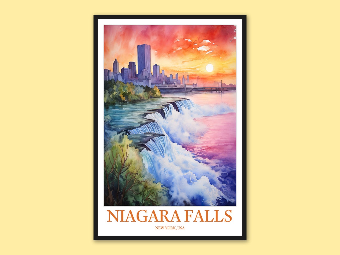 Niagara Falls Sunset City Skyline Dramatic Watercolor Poster