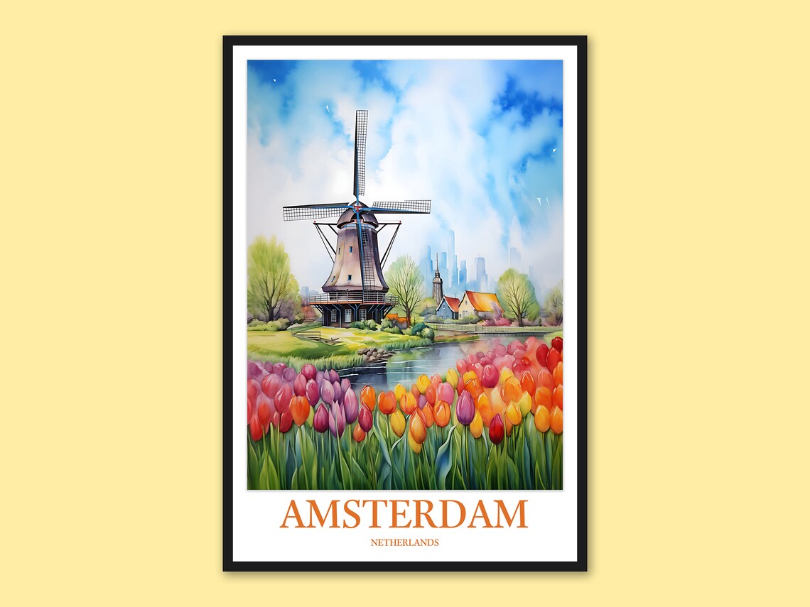 Amsterdam Windmill Colorful Tulip Fields Watercolor Travel Poster