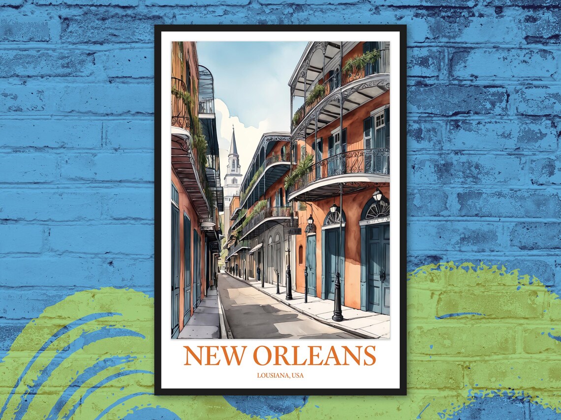 New Orleans French Quarter Balcony Street Watercolor Art Poster