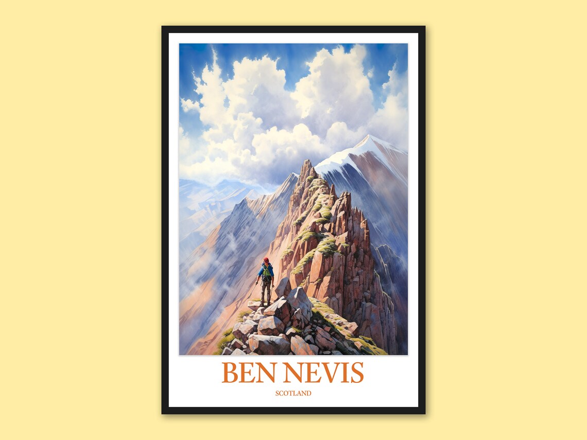 Ben Nevis Scotland Hiker On Mountain Ridge Snowy Peaks Travel Poster