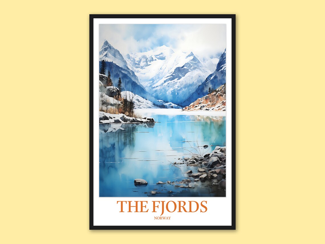 The Fjords Norway Snowy Peaks Blue Lake Winter Watercolor Poster