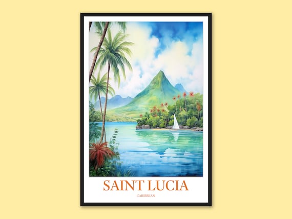 Saint Lucia Caribbean Pitons Watercolor Travel Poster Sailboat Bay