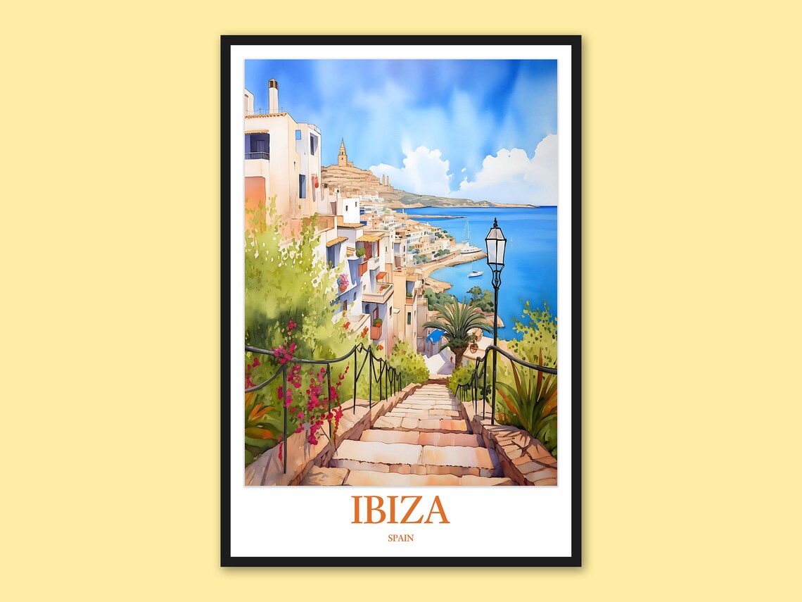 Ibiza Spain Old Town Stairs to the Sea Watercolor Travel Poster