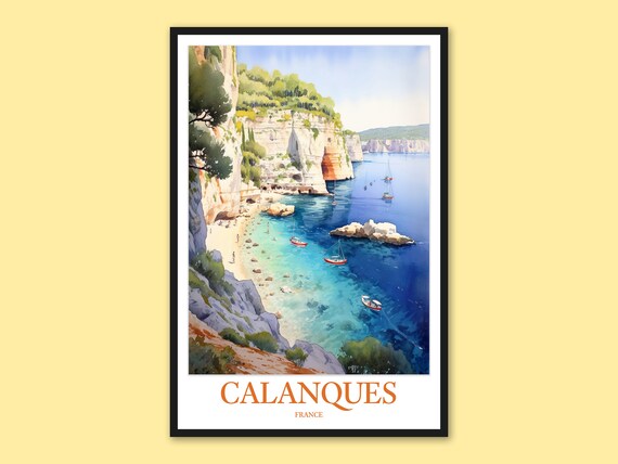 Calanques France Beach Cove with Boats Watercolor Travel Poster