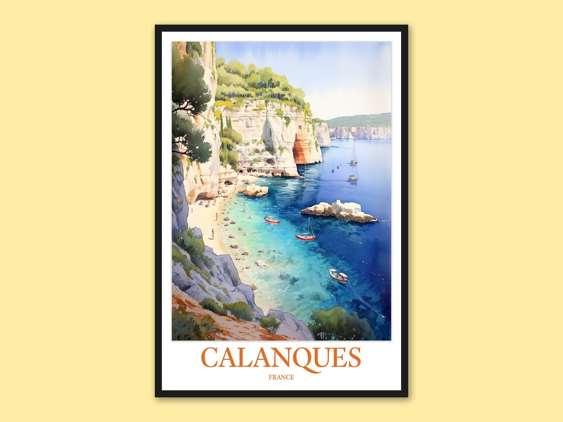 Calanques France Beach Cove with Boats Watercolor Travel Poster