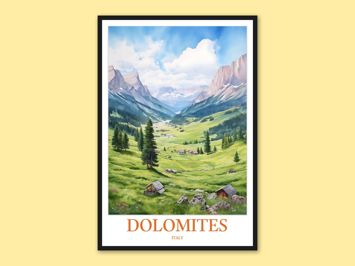 Dolomites Green Alpine Valley With Huts And Peaks Watercolor Poster
