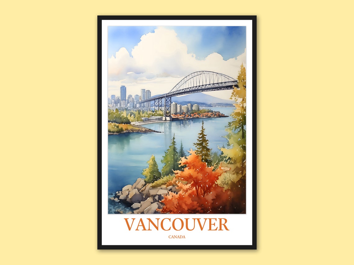 Vancouver Canada Watercolor Poster Lions Gate Bridge Skyline