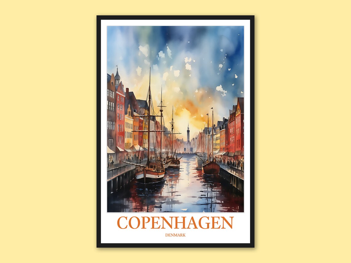 Copenhagen Nyhavn Harbor Colorful Houses Watercolor Travel Poster