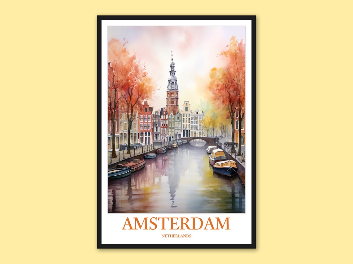 Amsterdam Autumn Canal Church Tower Watercolor Travel Poster
