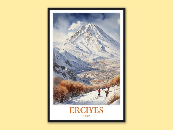 Erciyes Turkey Skiers Descending to Town Winter Valley View Poster