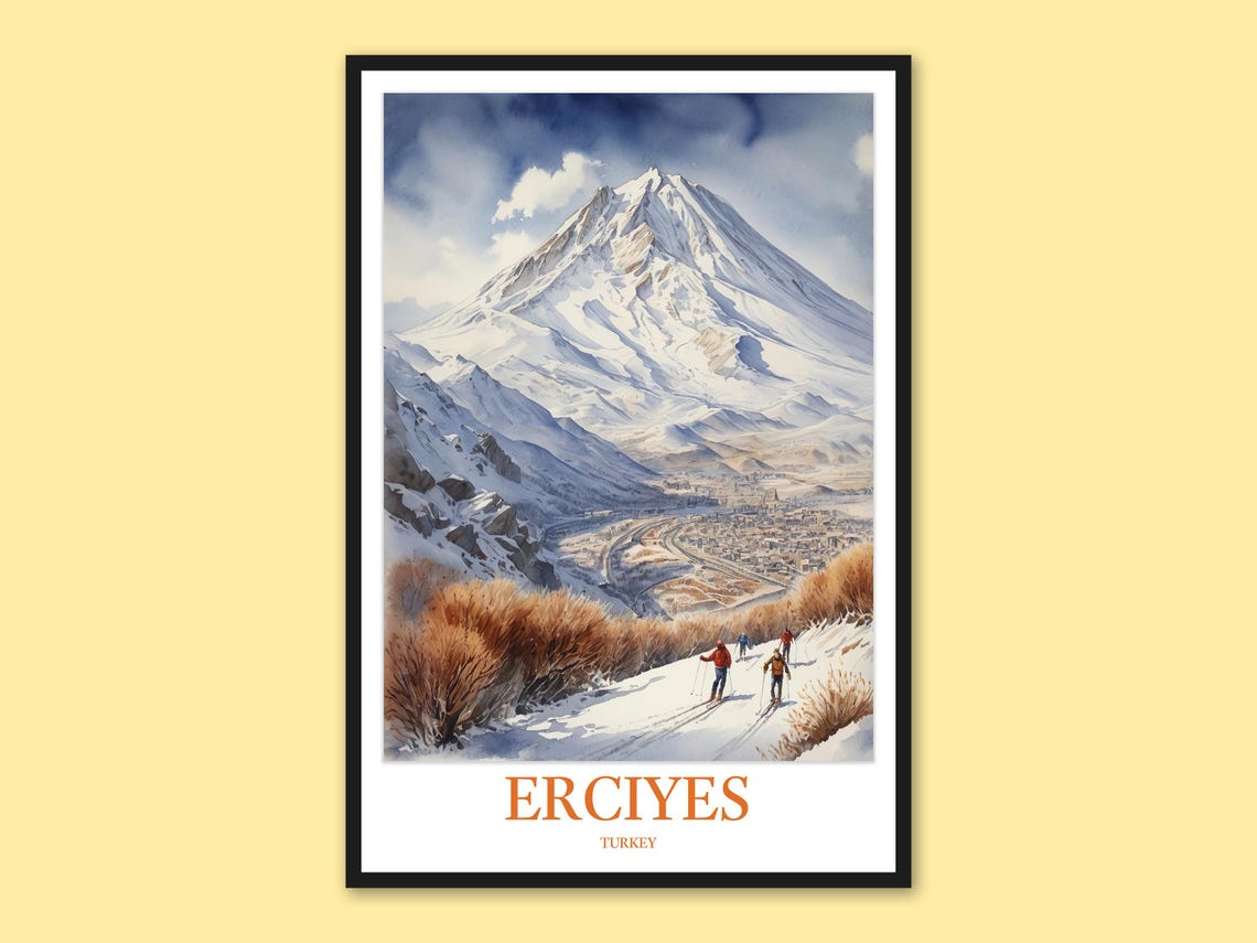 Erciyes Turkey Skiers Descending to Town Winter Valley View Poster