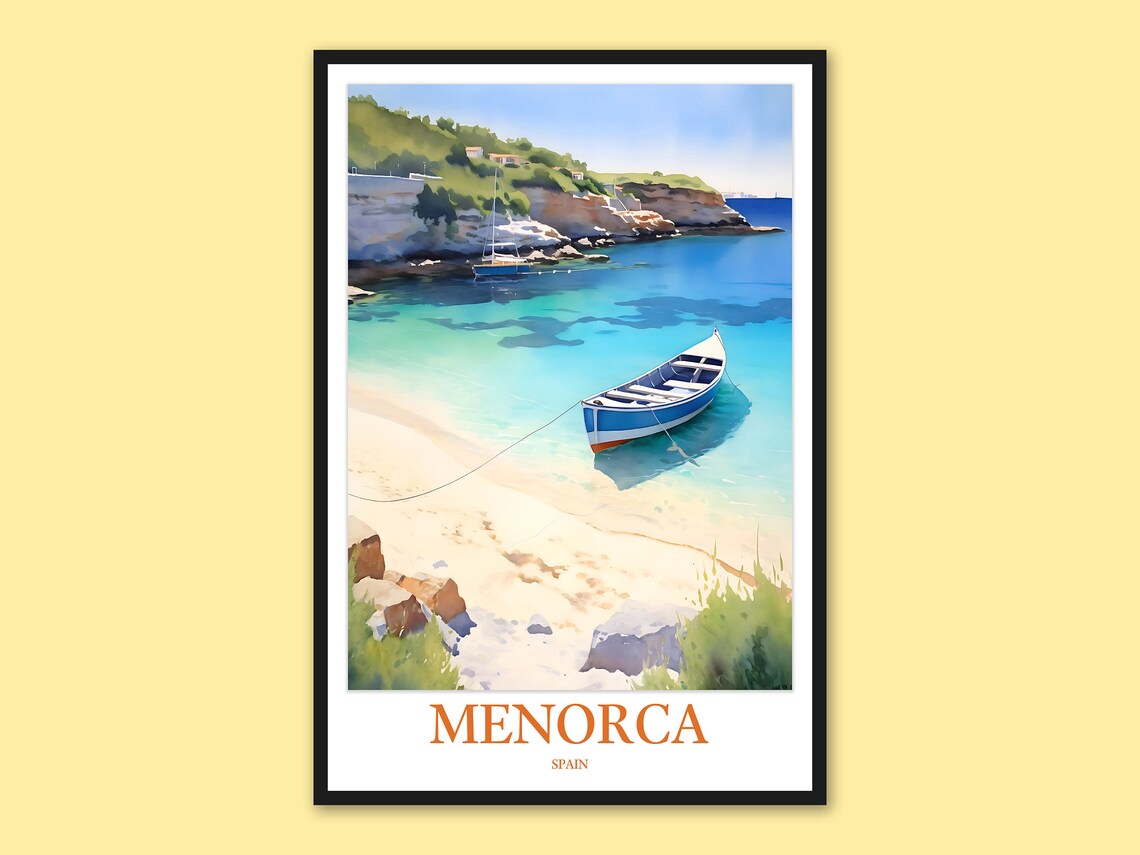 Menorca Spain Blue Boat Floating in an Emerald Bay Scene Poster
