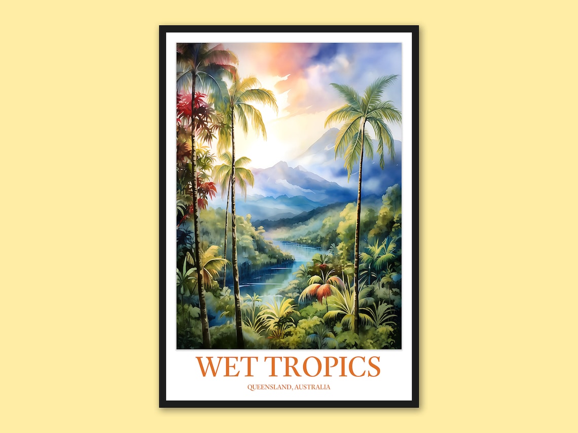 Wet Tropics Queensland Palm Lagoon Sunset Watercolor Travel Poster