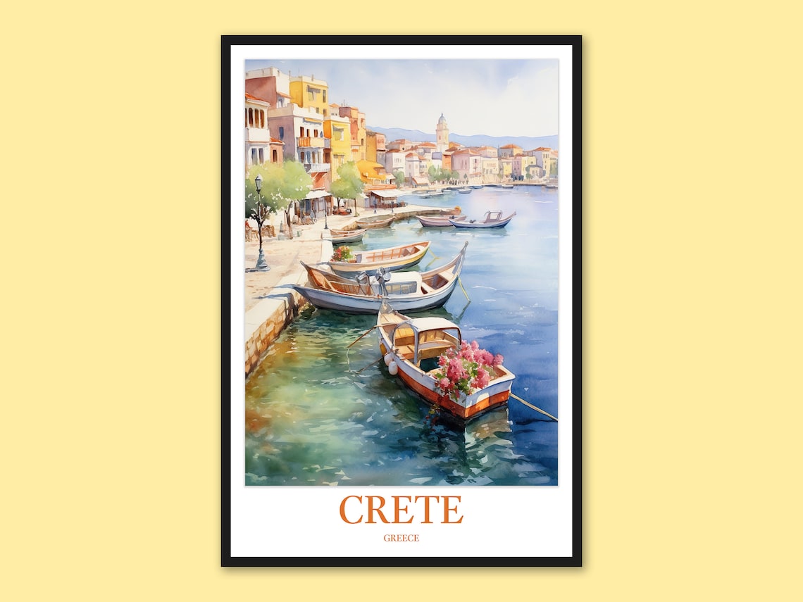 Crete Greece Sunny Watercolor Harbor Boats Travel Art Poster