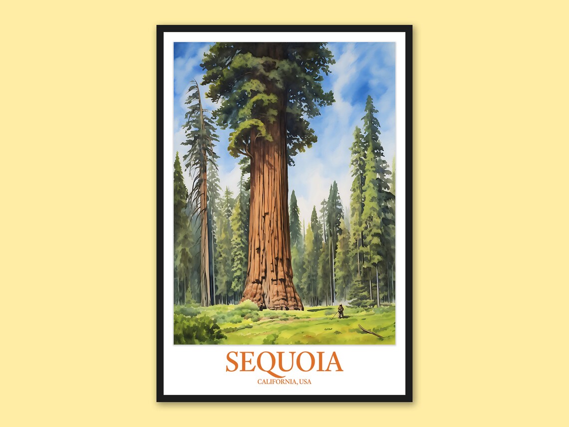 Sequoia California Giant Redwood Forest Watercolor Travel Poster