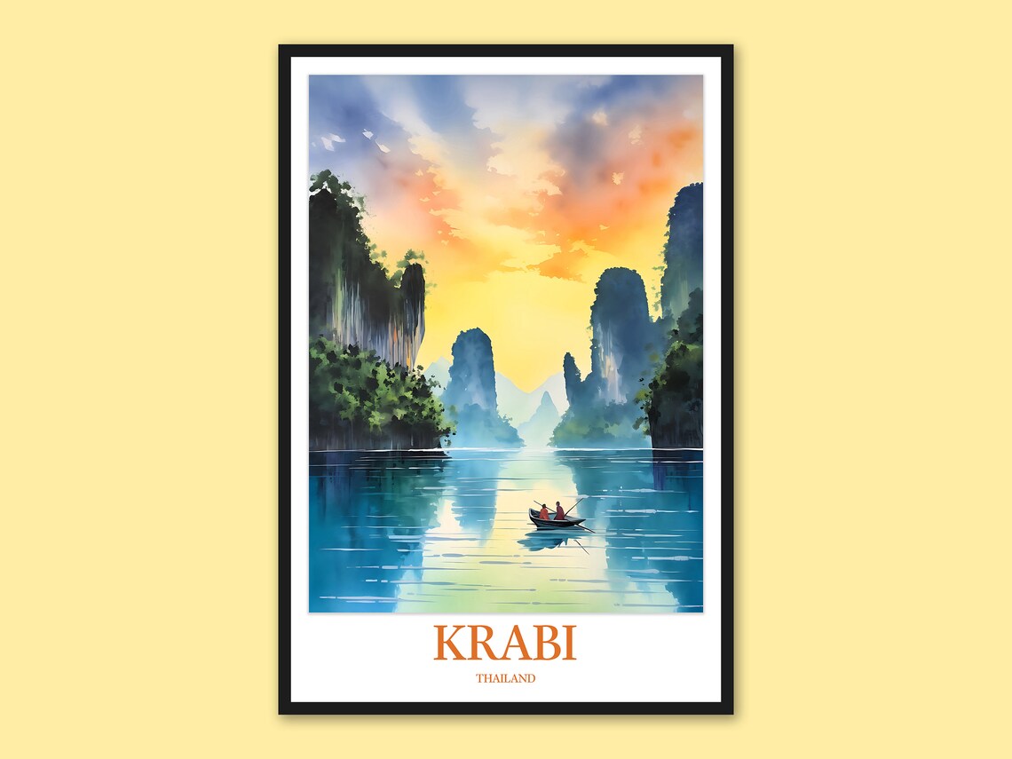 Krabi Thailand Limestone Cliffs Sunset Solo Boat Travel Poster