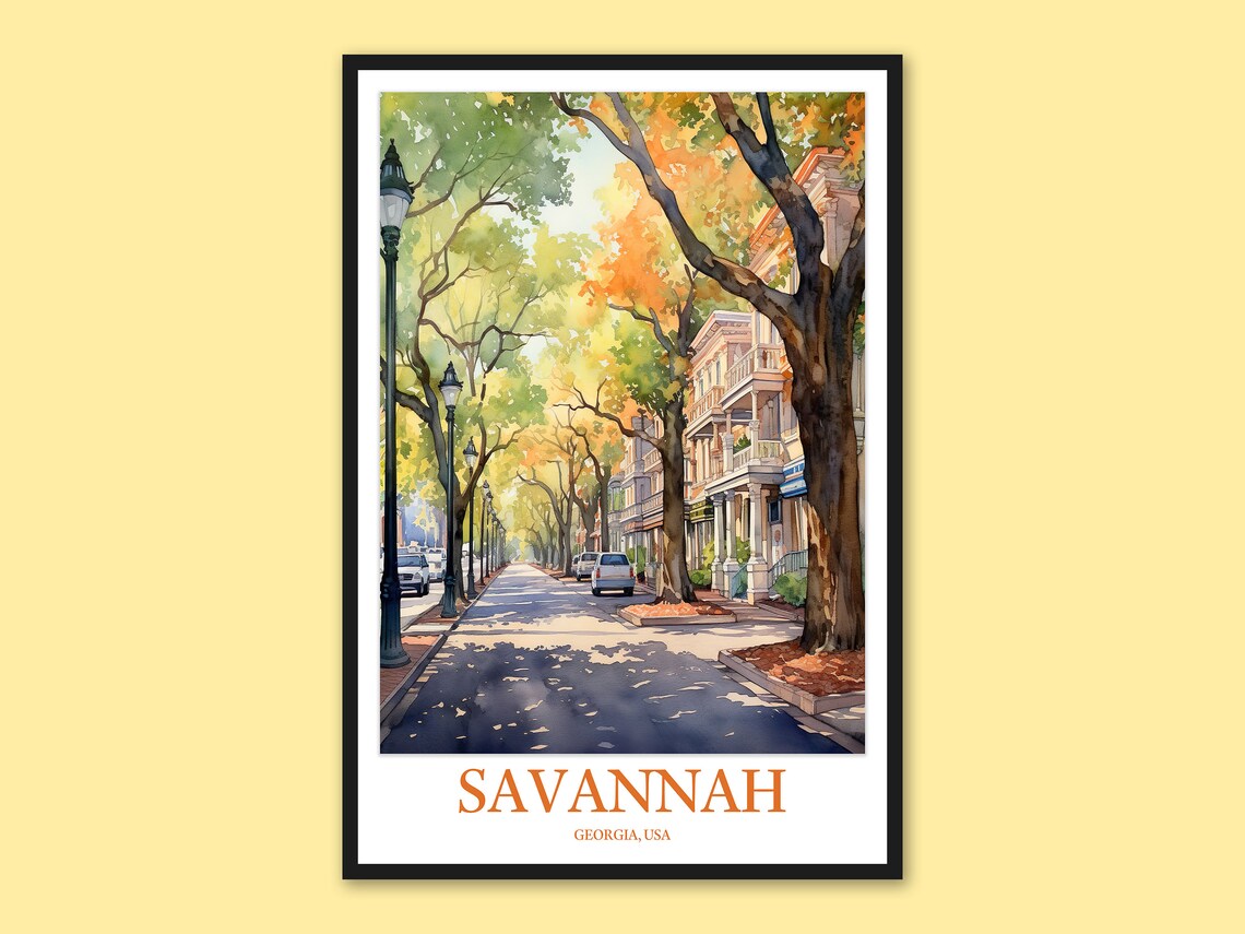 Savannah Georgia Lamp Lit Historic Street Watercolor Autumn Poster