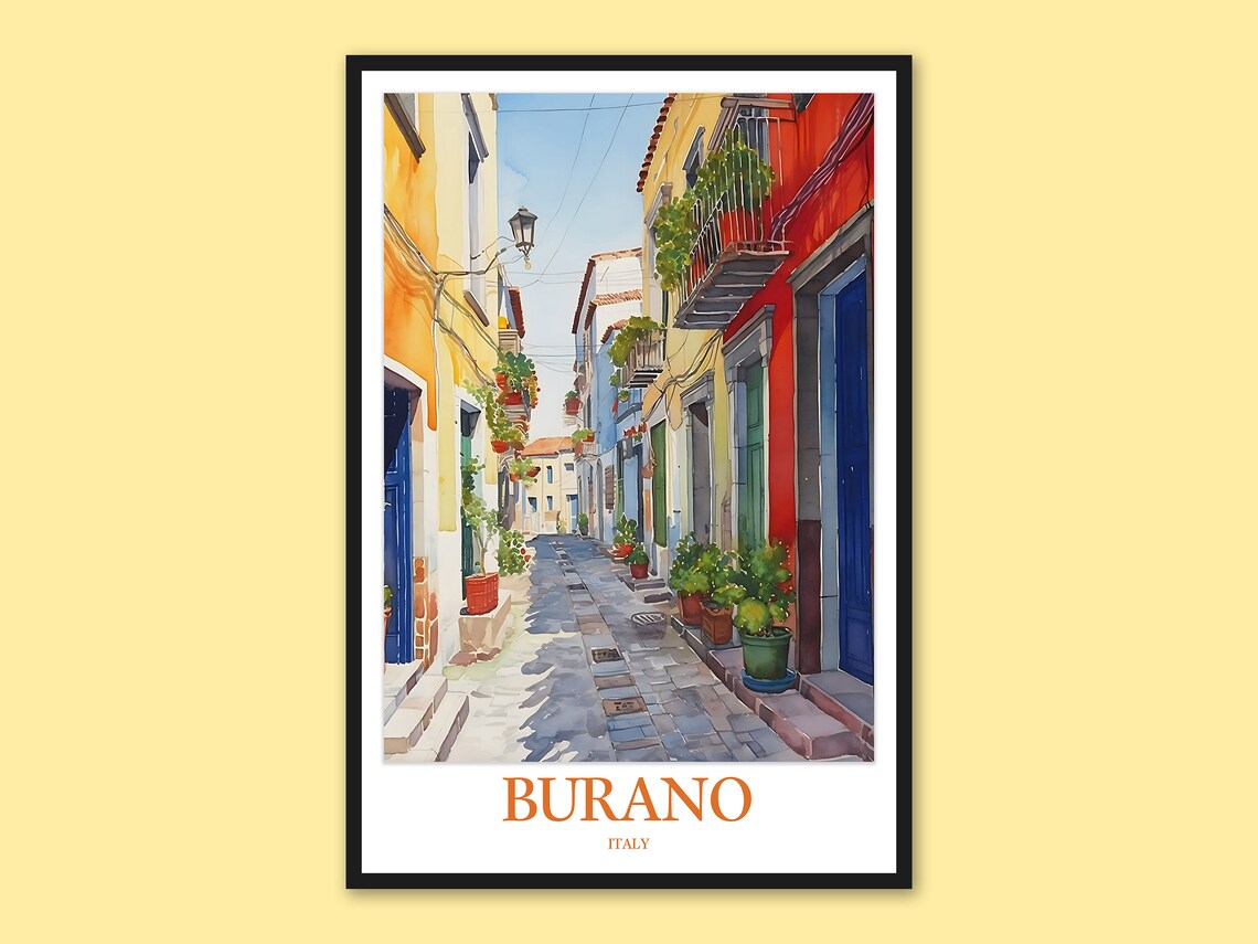 Burano Italy Cobblestone Alley Blue Doors Watercolor Travel Poster