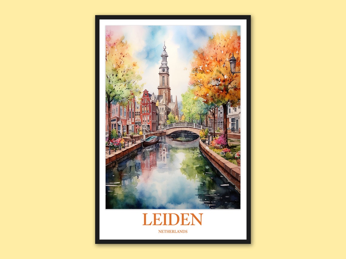 Leiden Netherlands Canal Bridge Autumn Trees Watercolor Travel Poster