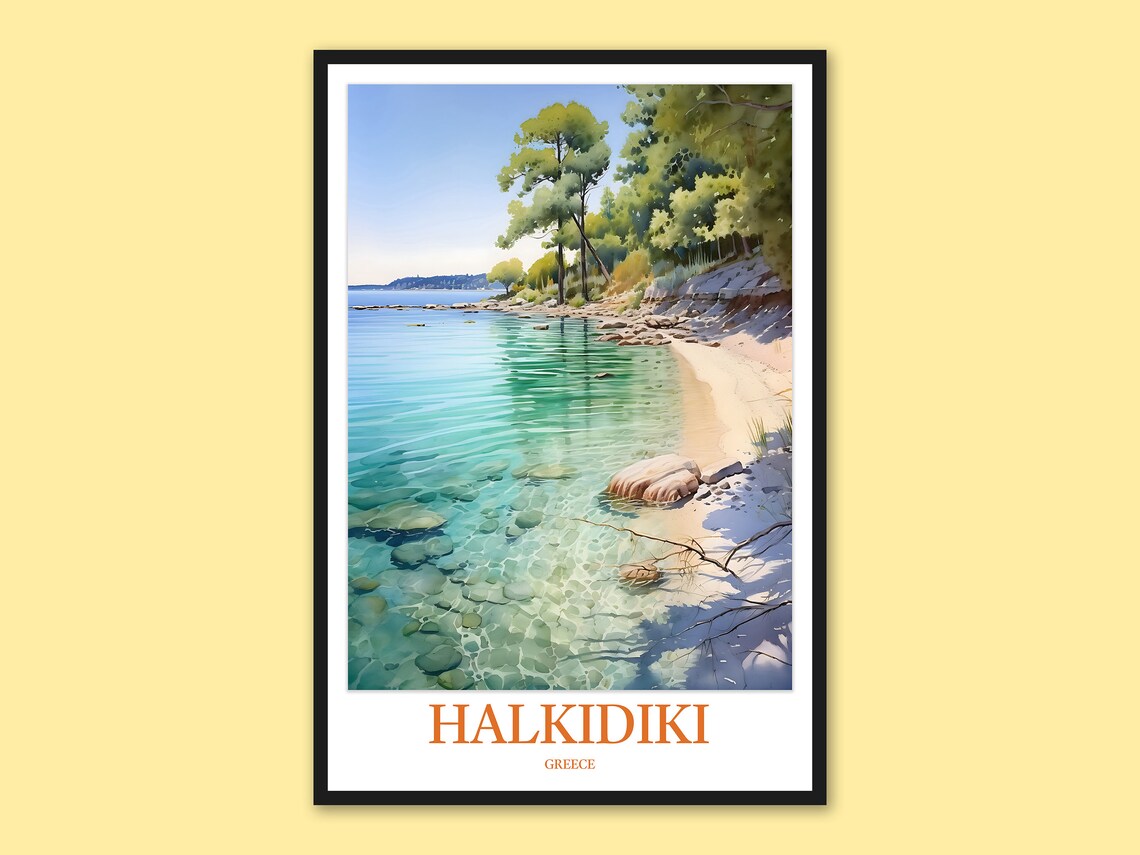Halkidiki Greece Crystal Clear Bay Watercolor Travel Poster Beach