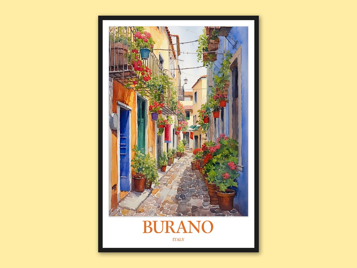 Burano Italy Flower Lined Colorful Street Watercolor Travel Poster