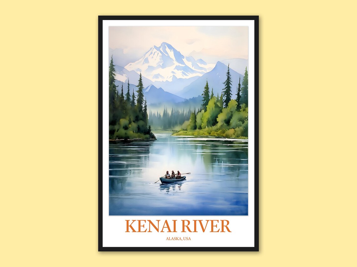 Kenai River Alaska Canoe Trip Watercolor Scene Travel Poster