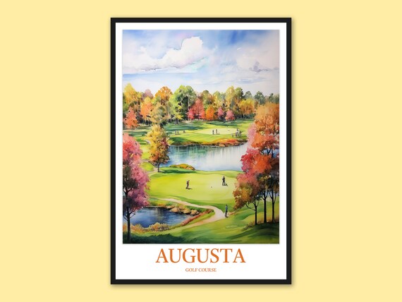 Augusta Golf Course Watercolor Autumn Trees Fairway Lake Scene Wall Art