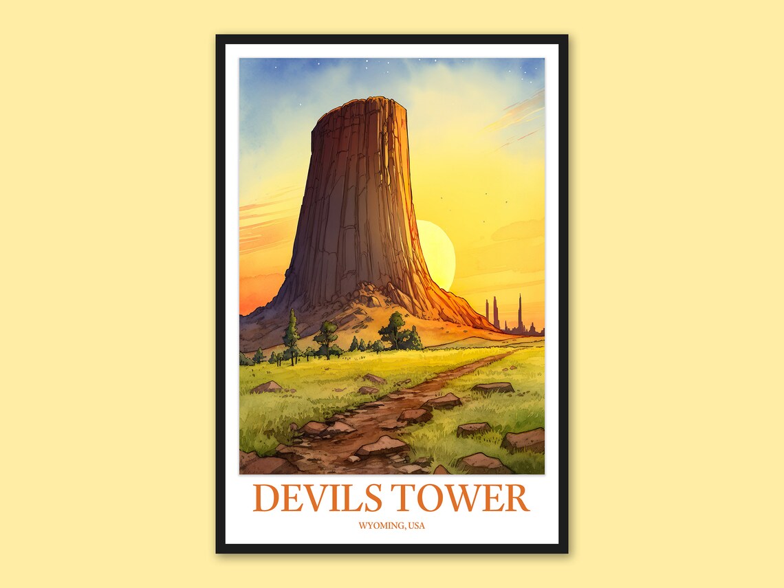 Devils Tower Wyoming Sunset Meadow Watercolor National Park Travel Poster