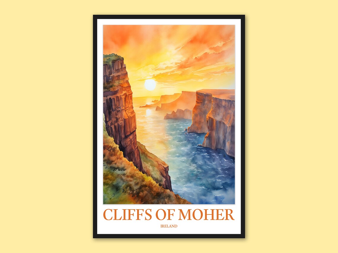 Cliffs of Moher Ireland Sunset Watercolor Coastal Travel Poster
