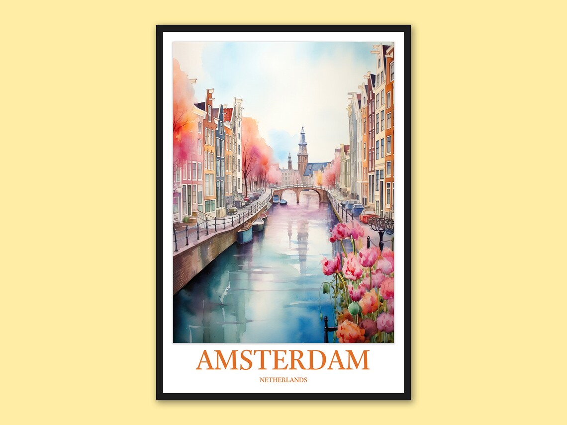 Amsterdam Netherlands Canal Tulips in Bloom Watercolor Travel Poster