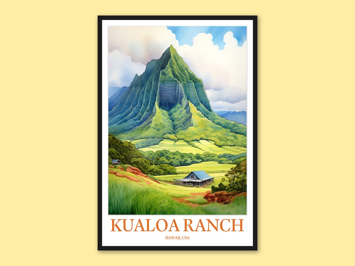 Kualoa Ranch Hawaii Mountain Valley Barn Watercolor Travel Poster