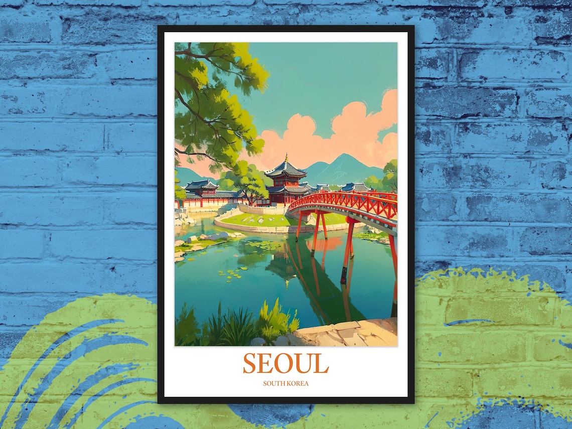 Seoul Gyeongbokgung Palace Red Bridge Illustration Travel Poster