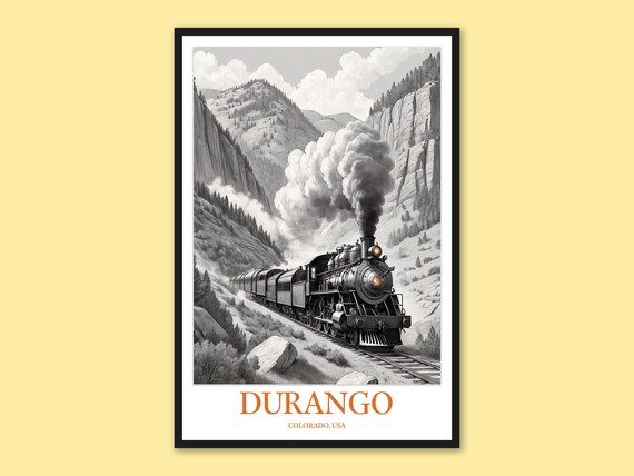 Durango Colorado Steam Train Black and White Vintage Travel Poster
